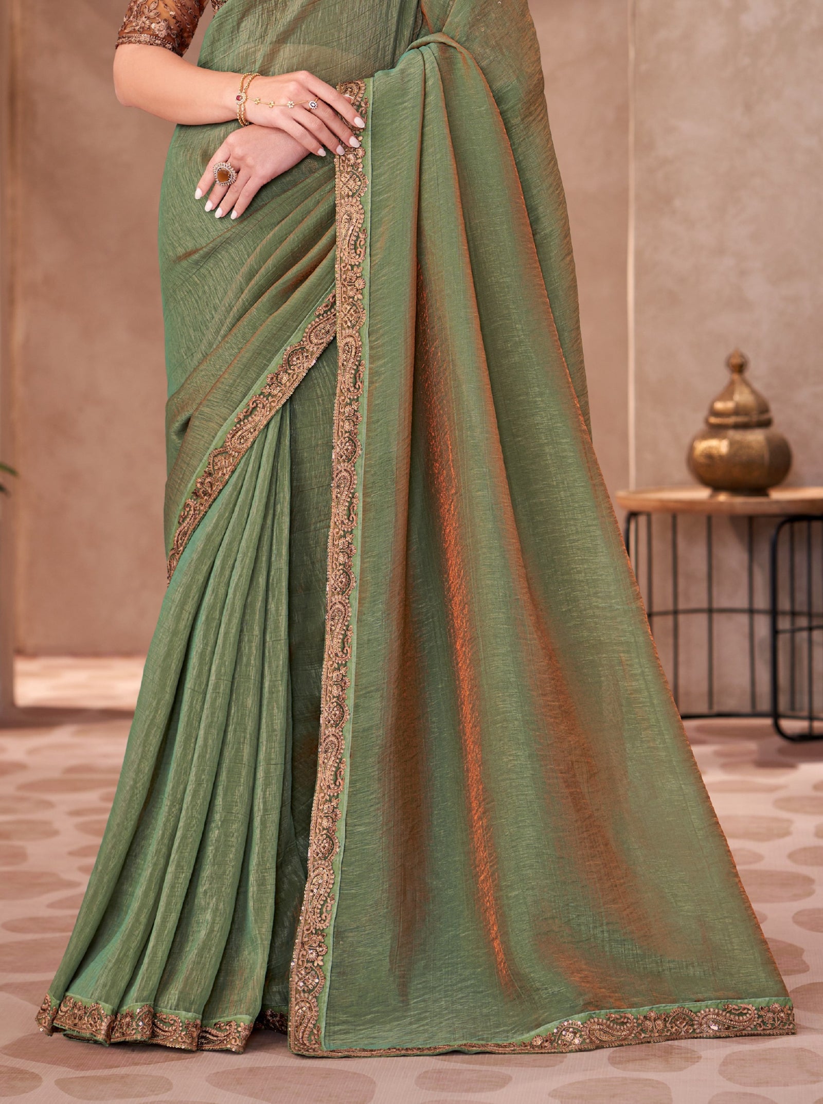 Golden Shine Georgette Saree with Linen Work Designer Blouse