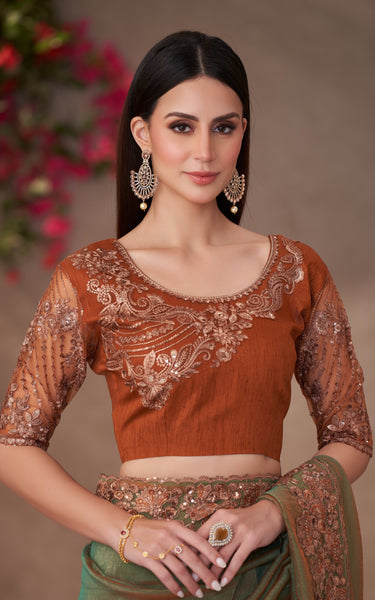 Golden Shine Georgette Saree with Linen Work Designer Blouse