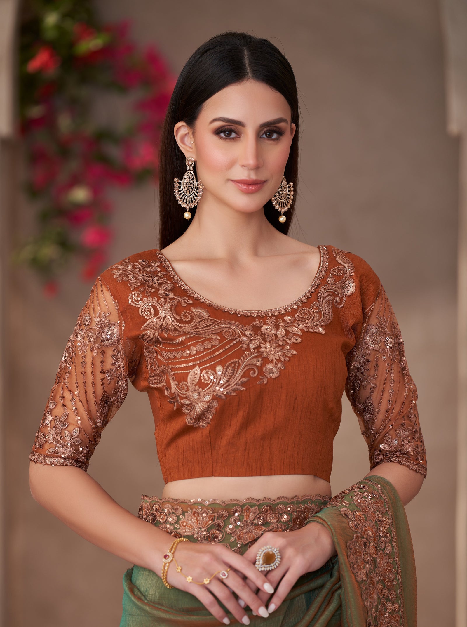 Golden Shine Georgette Saree with Linen Work Designer Blouse