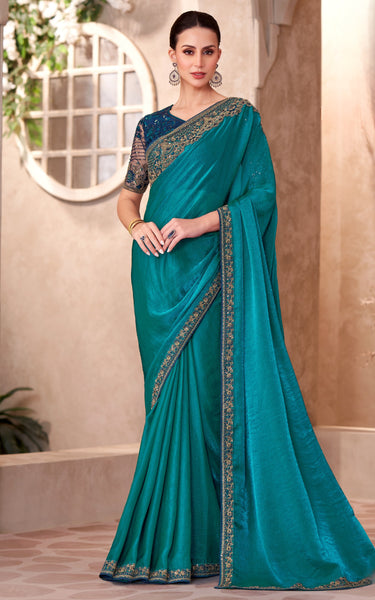 Peacock Blue Satin Georgette Saree with Linen Work Designer Blouse