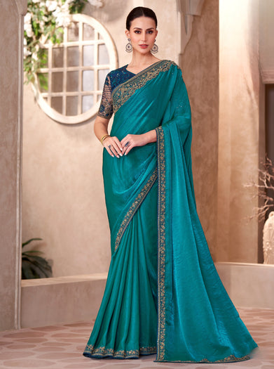 Peacock Blue Satin Georgette Saree with Linen Work Designer Blouse
