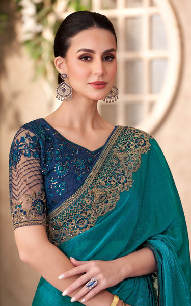 Peacock Blue Satin Georgette Saree with Linen Work Designer Blouse
