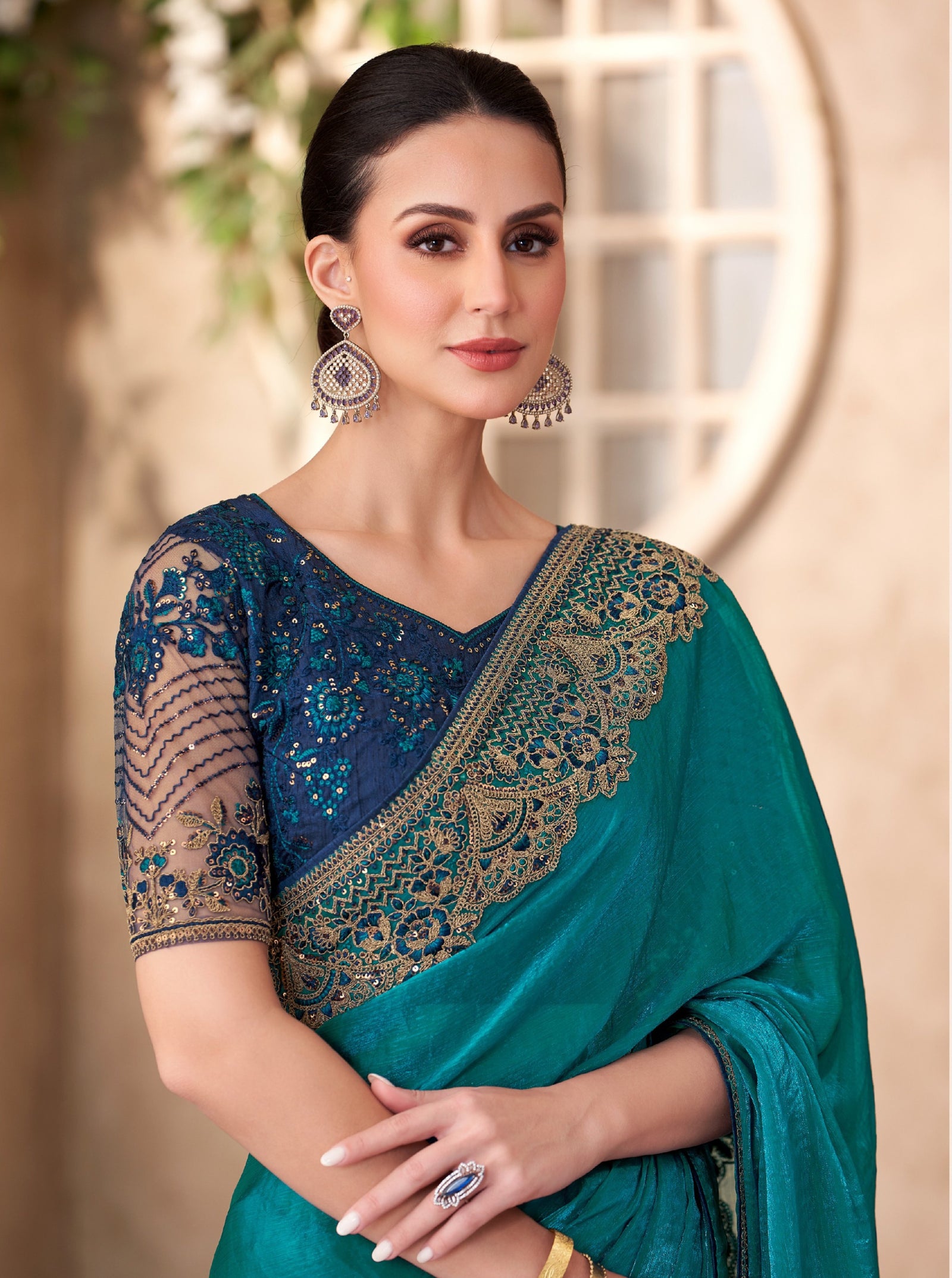 Peacock Blue Satin Georgette Saree with Linen Work Designer Blouse