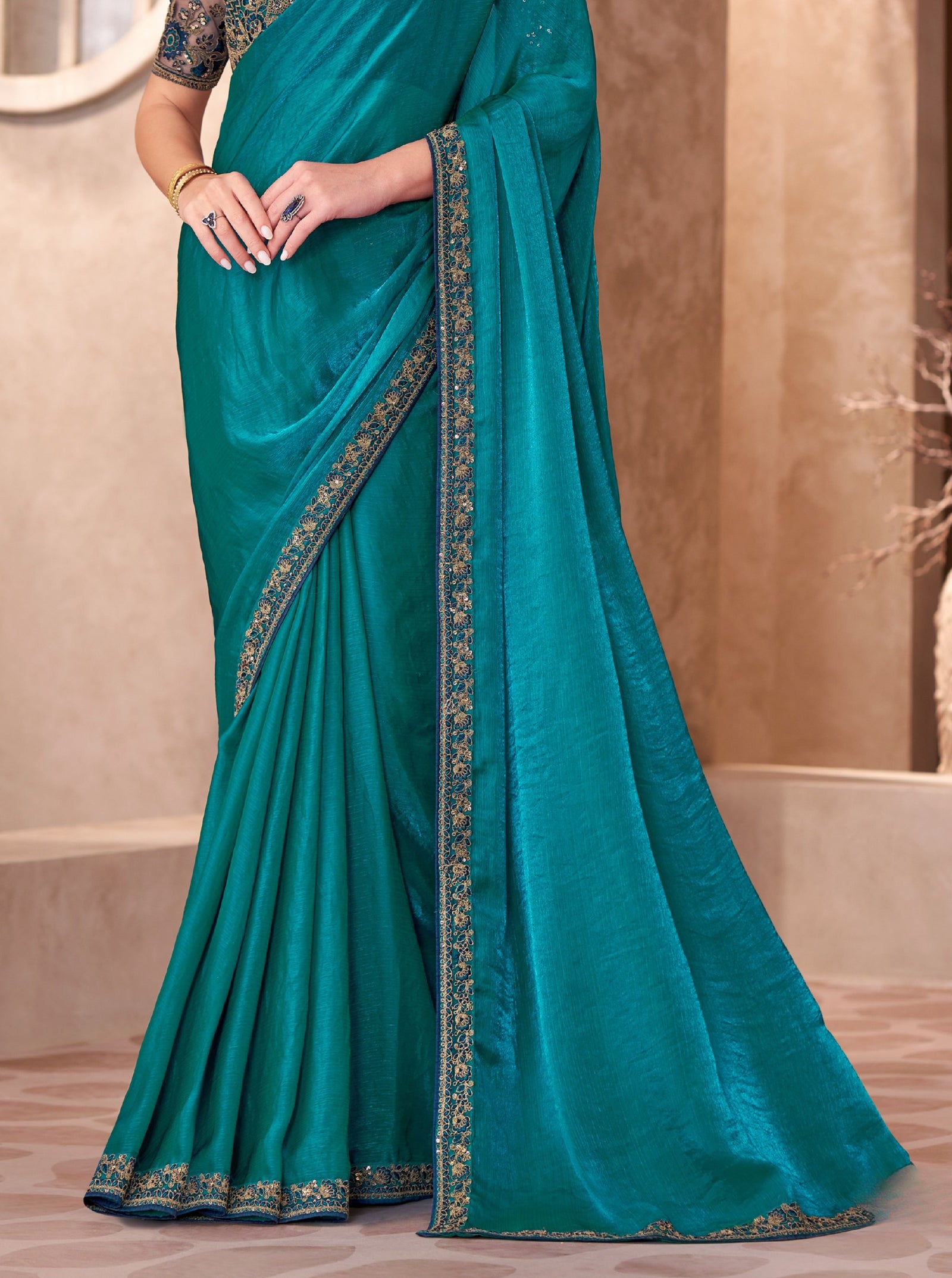 Peacock Blue Satin Georgette Saree with Linen Work Designer Blouse