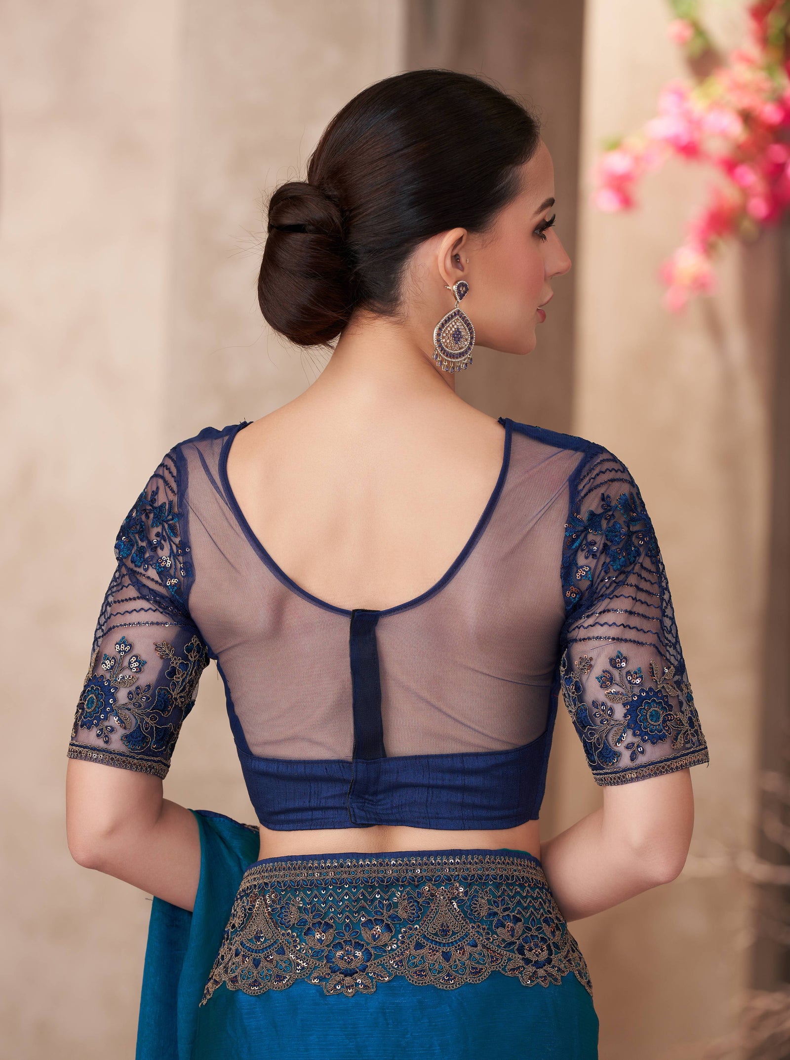 Peacock Blue Satin Georgette Saree with Linen Work Designer Blouse