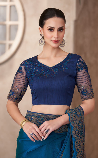 Peacock Blue Satin Georgette Saree with Linen Work Designer Blouse