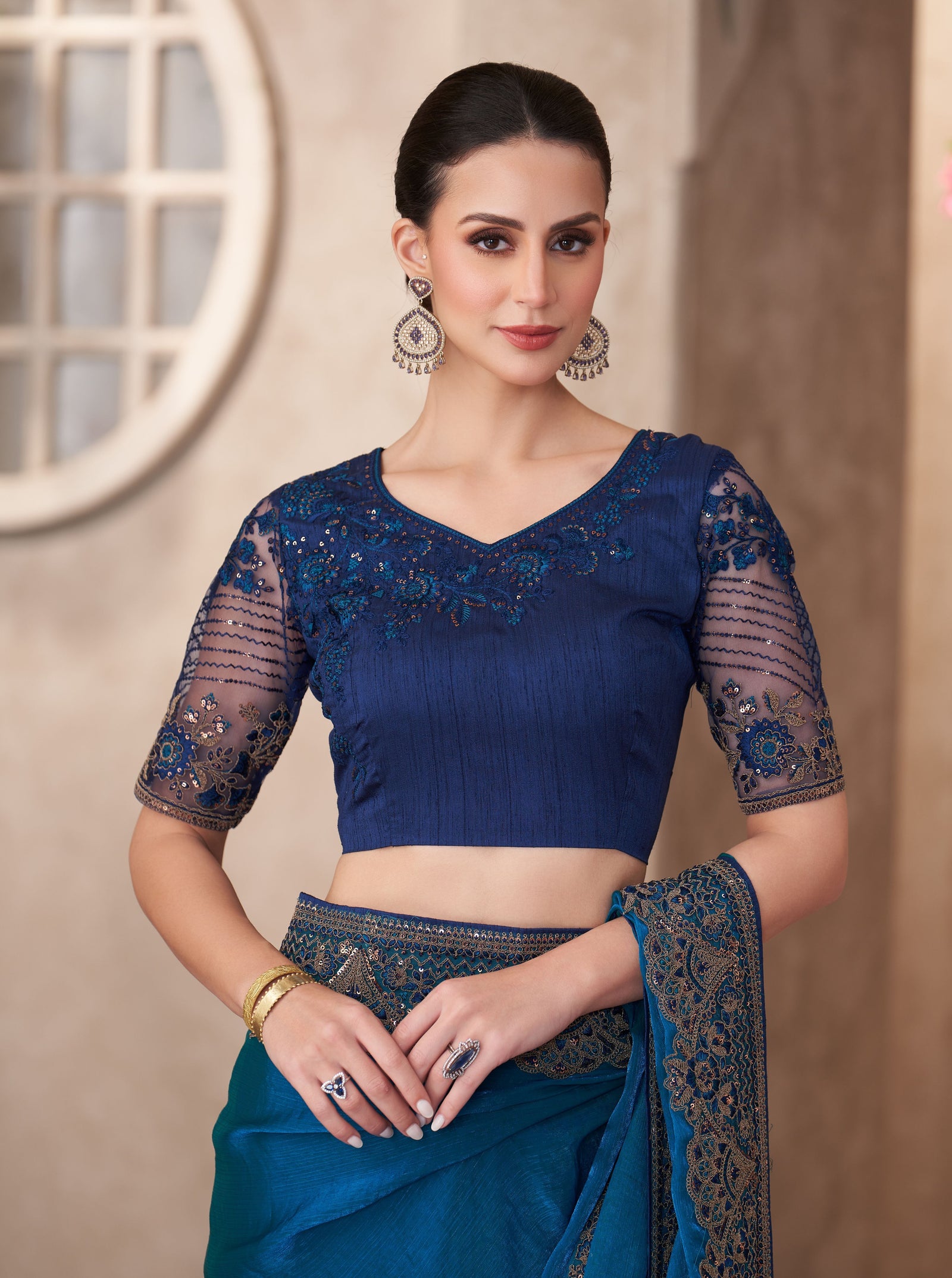 Peacock Blue Satin Georgette Saree with Linen Work Designer Blouse