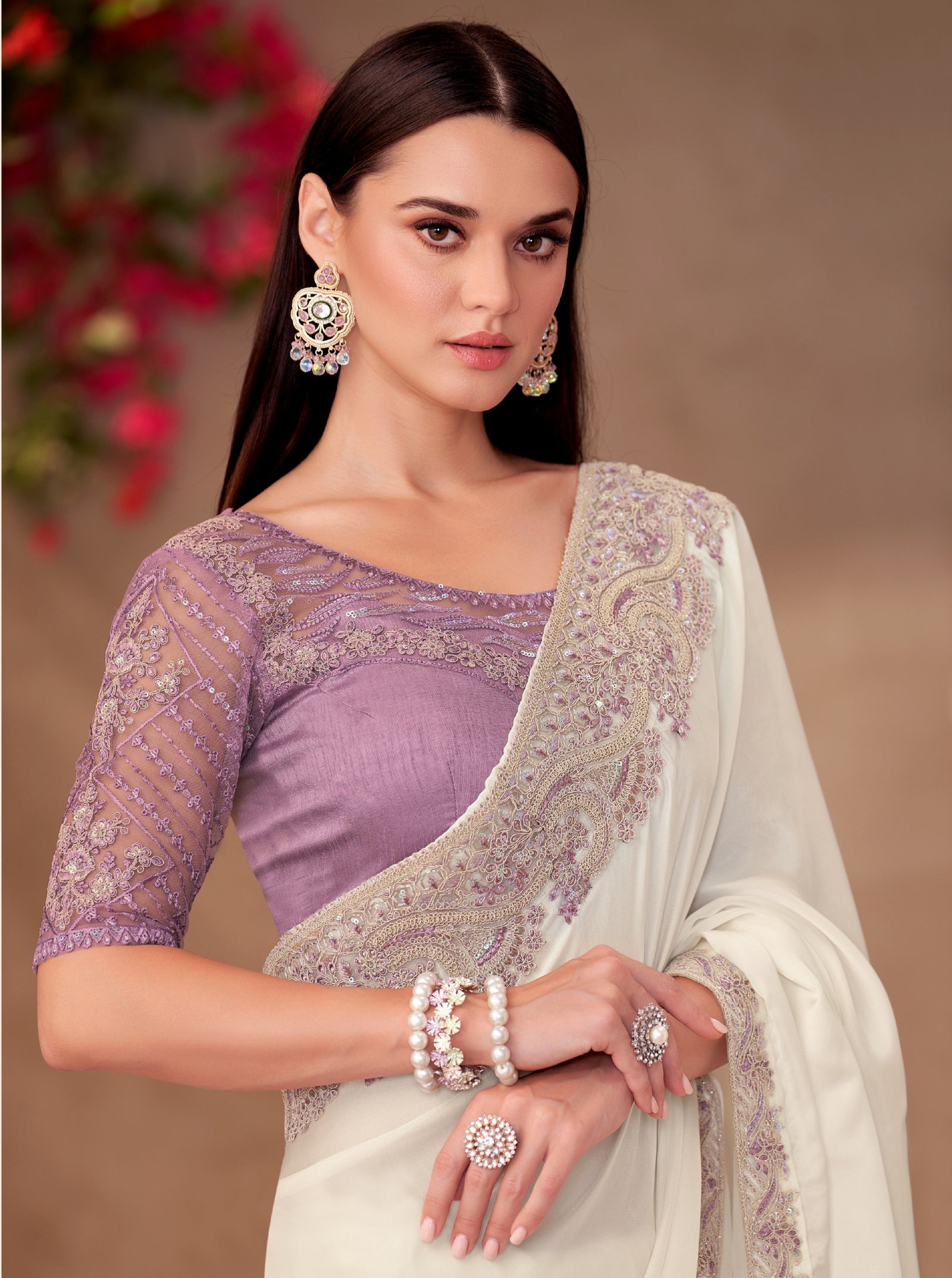 Pearl White Shining Georgette Saree