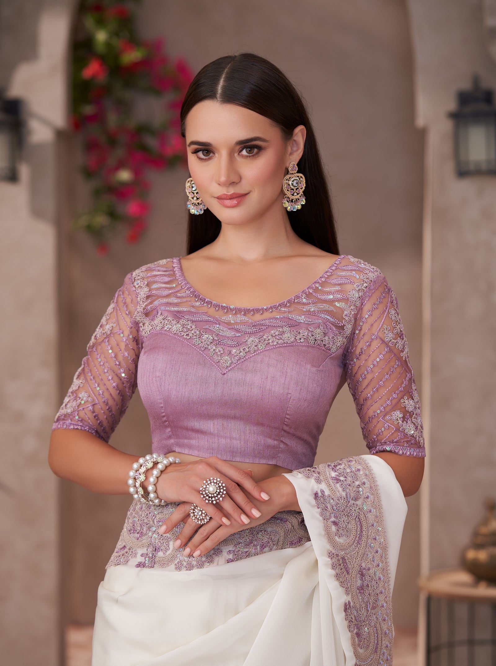 Pearl White Shining Georgette Saree