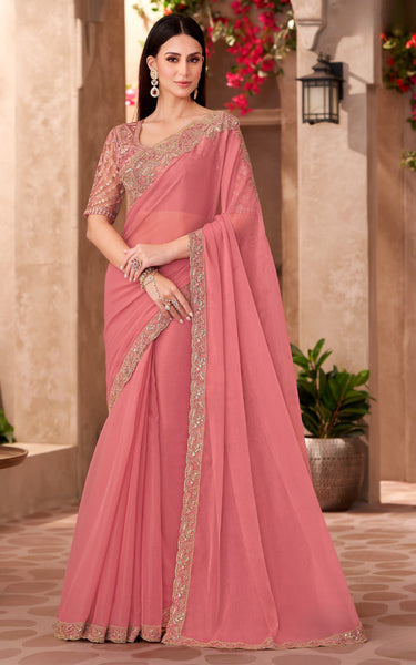 Peach Georgette Saree with Designer Georgette Work Blouse