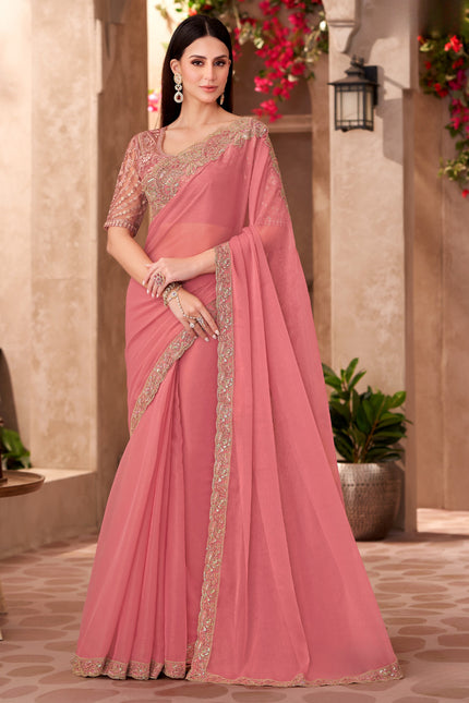 Peach Georgette Saree with Designer Georgette Work Blouse