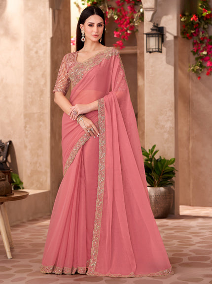 Peach Georgette Saree with Designer Georgette Work Blouse