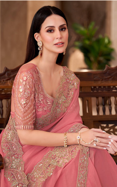 Peach Georgette Saree with Designer Georgette Work Blouse