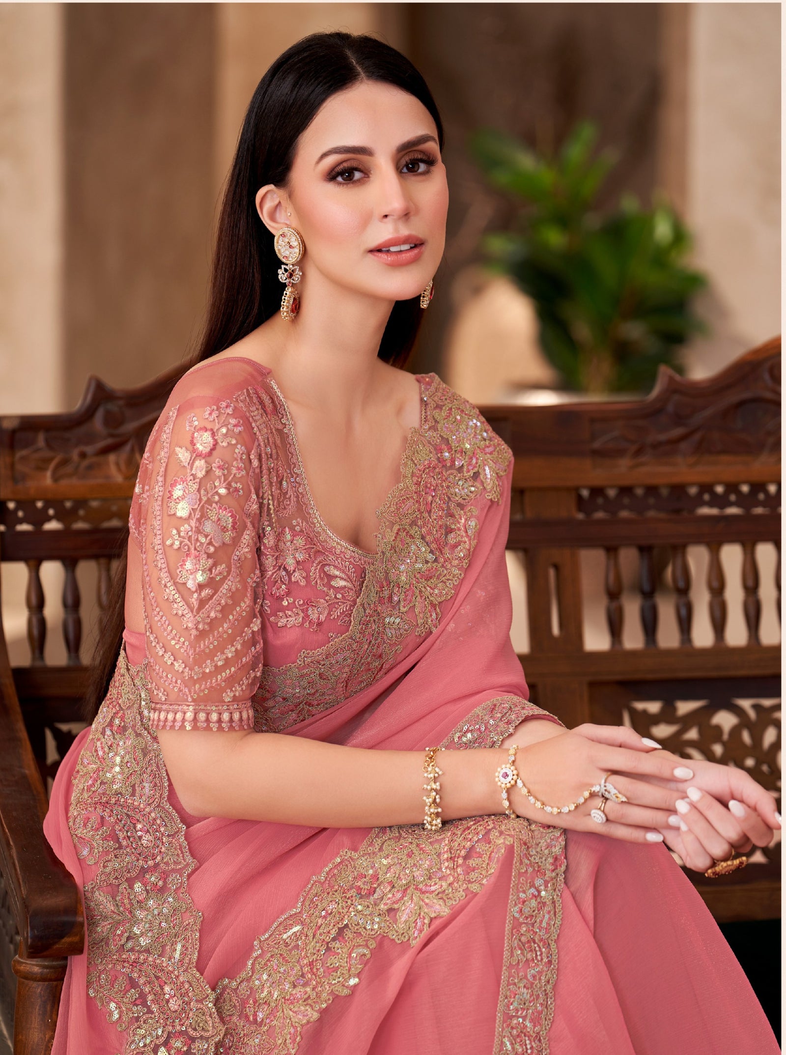 Peach Georgette Saree with Designer Georgette Work Blouse