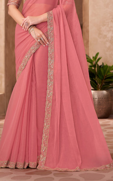 Peach Georgette Saree with Designer Georgette Work Blouse