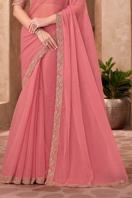 Peach Georgette Saree with Designer Georgette Work Blouse
