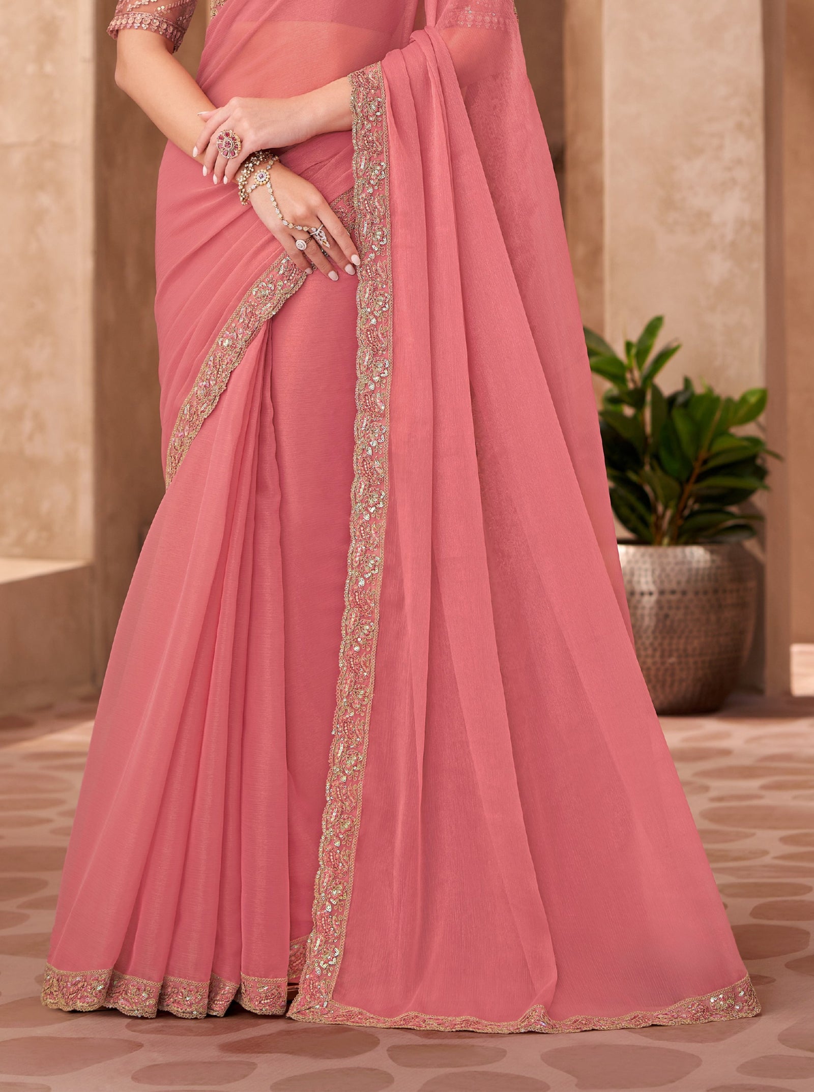 Peach Georgette Saree with Designer Georgette Work Blouse