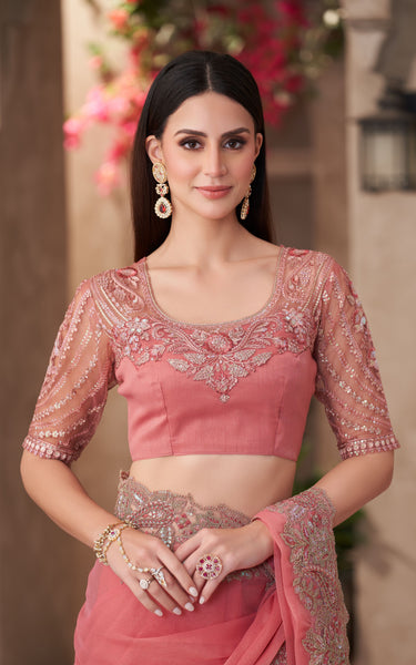 Peach Georgette Saree with Designer Georgette Work Blouse