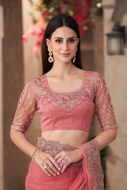 Peach Georgette Saree with Designer Georgette Work Blouse