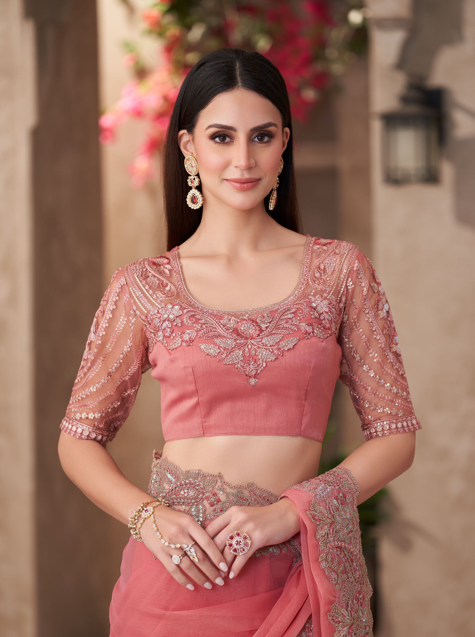 Peach Georgette Saree with Designer Georgette Work Blouse