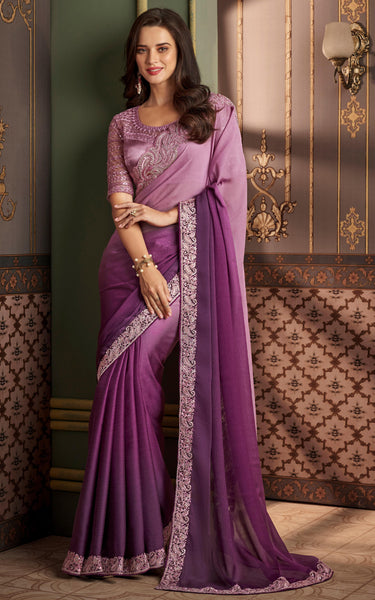 Violet Solid Poly Silk Saree with Satin Blouse