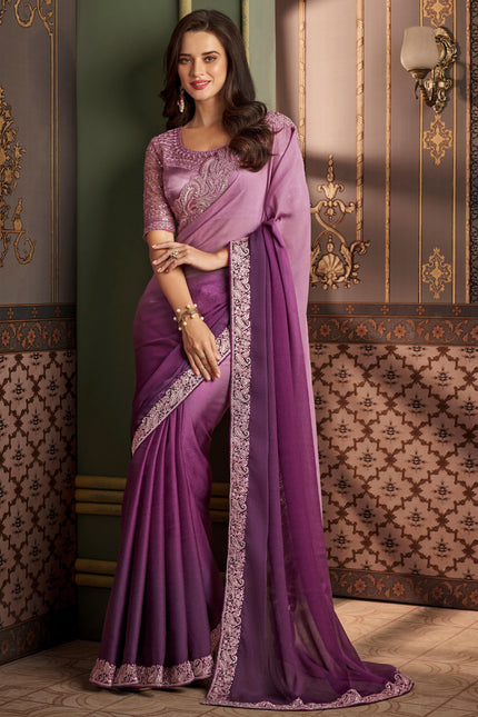 Violet Solid Poly Silk Saree with Satin Blouse
