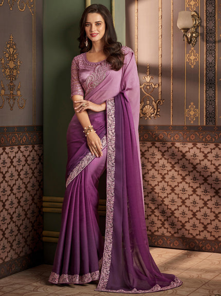 Violet Solid Poly Silk Saree with Satin Blouse