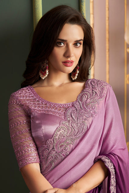 Violet Solid Poly Silk Saree with Satin Blouse