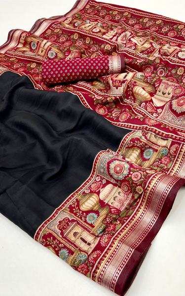 Temple Printed Soft Mul Cotton Saree with Zari Border (Black)