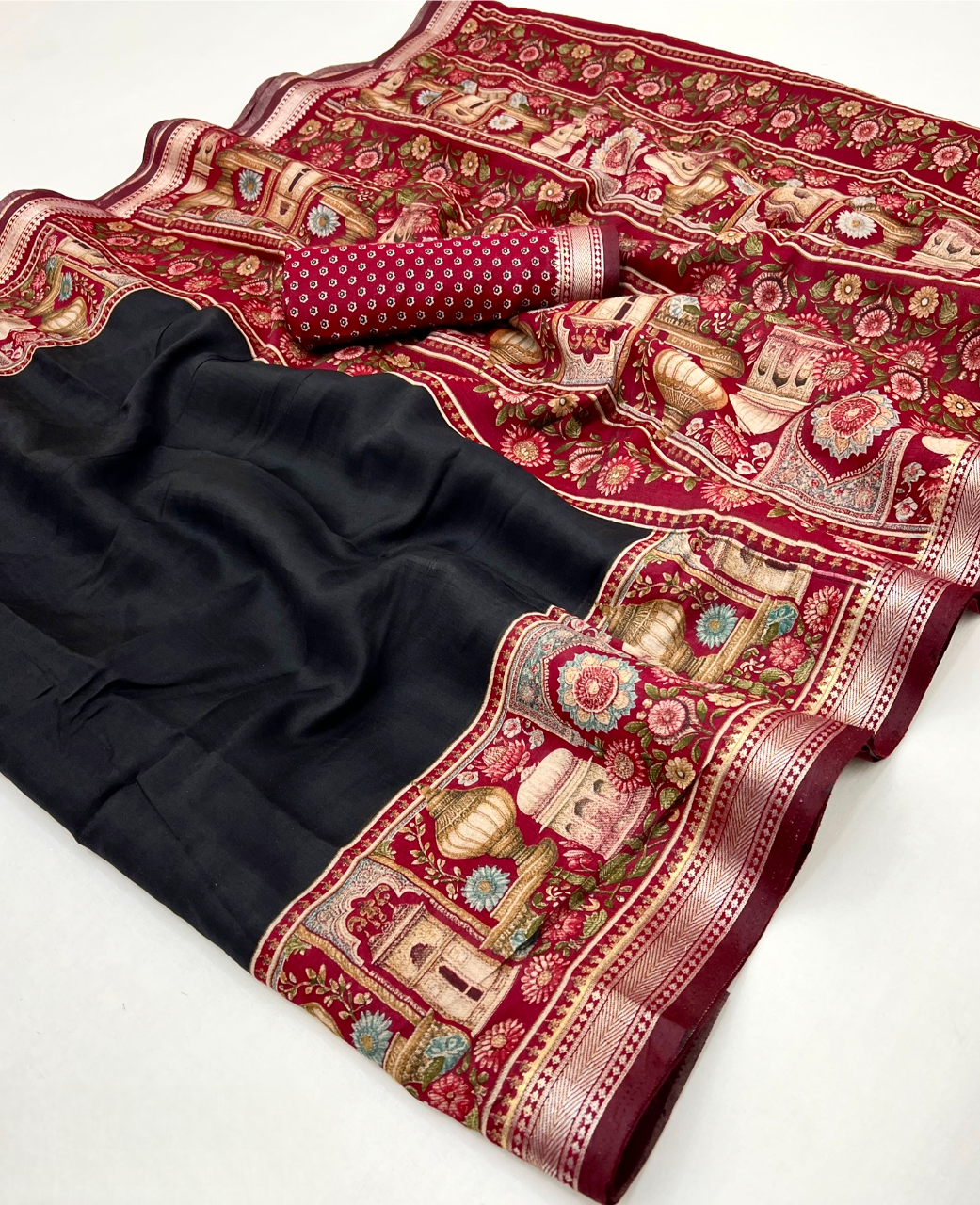 Temple Printed Soft Mul Cotton Saree with Zari Border (Black)