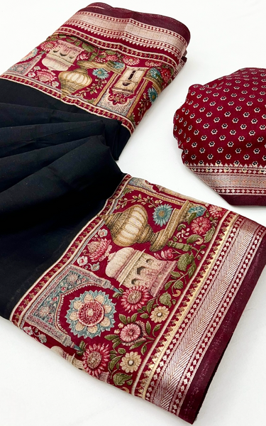 Temple Printed Soft Mul Cotton Saree with Zari Border (Black)