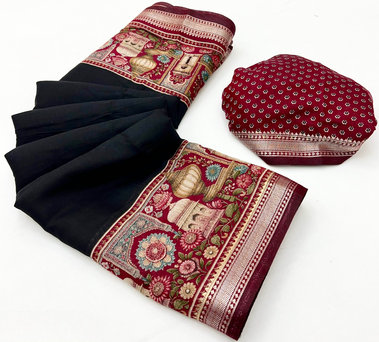 Temple Printed Soft Mul Cotton Saree with Zari Border (Black)