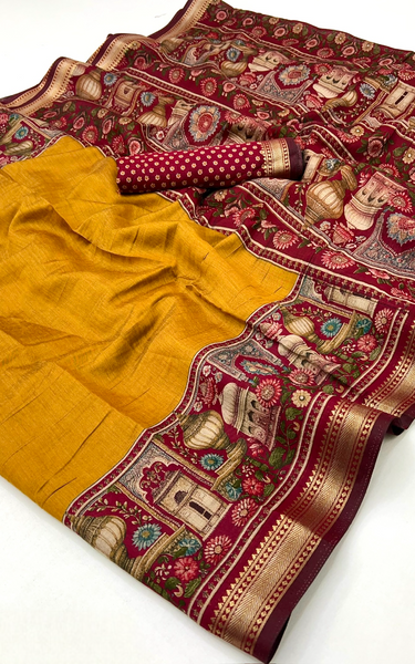 Temple Printed Soft Mul Cotton Saree with Zari Border (Yellow)