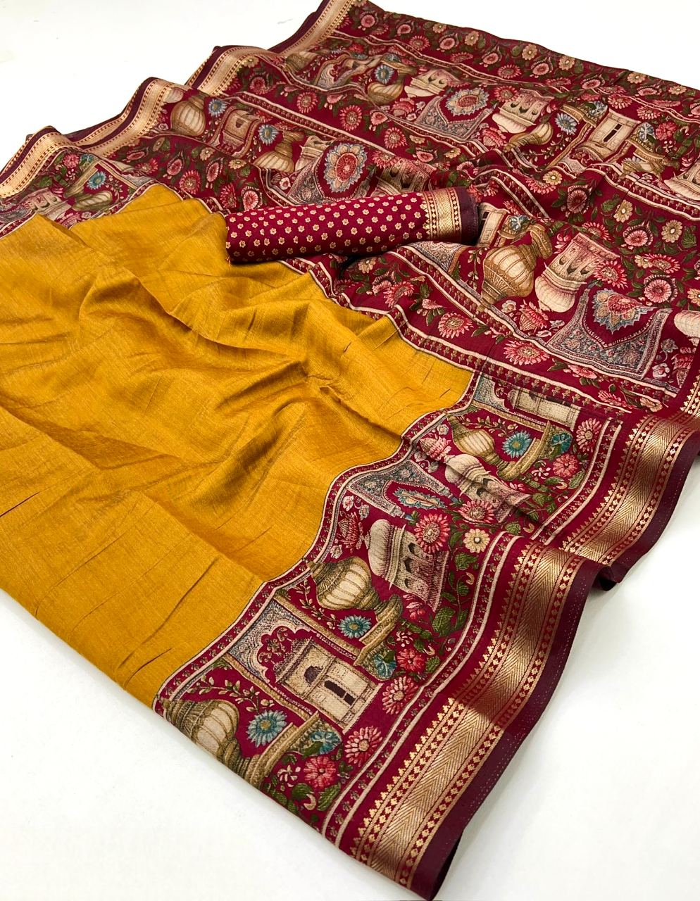 Temple Printed Soft Mul Cotton Saree with Zari Border (Yellow)