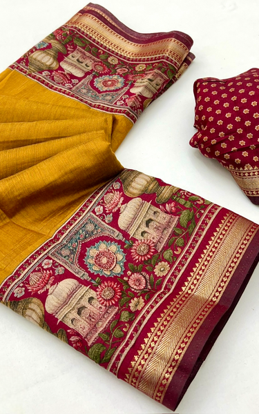 Temple Printed Soft Mul Cotton Saree with Zari Border (Yellow)