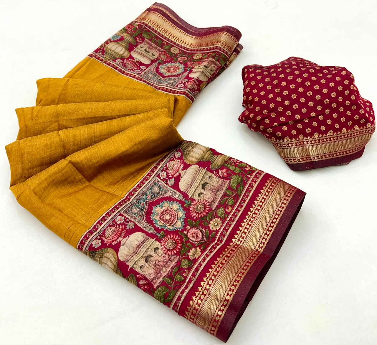 Temple Printed Soft Mul Cotton Saree with Zari Border (Yellow)