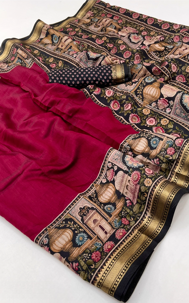 Temple Printed Soft Mul Cotton Saree with Zari Border (Pink)