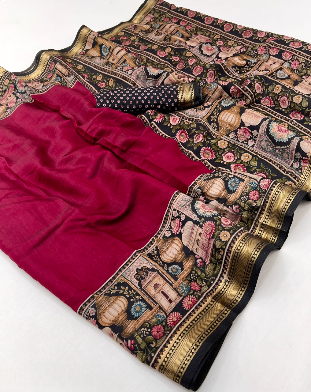 Temple Printed Soft Mul Cotton Saree with Zari Border (Pink)