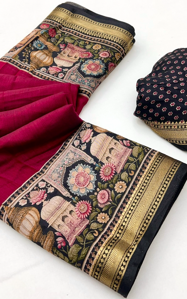 Temple Printed Soft Mul Cotton Saree with Zari Border (Pink)