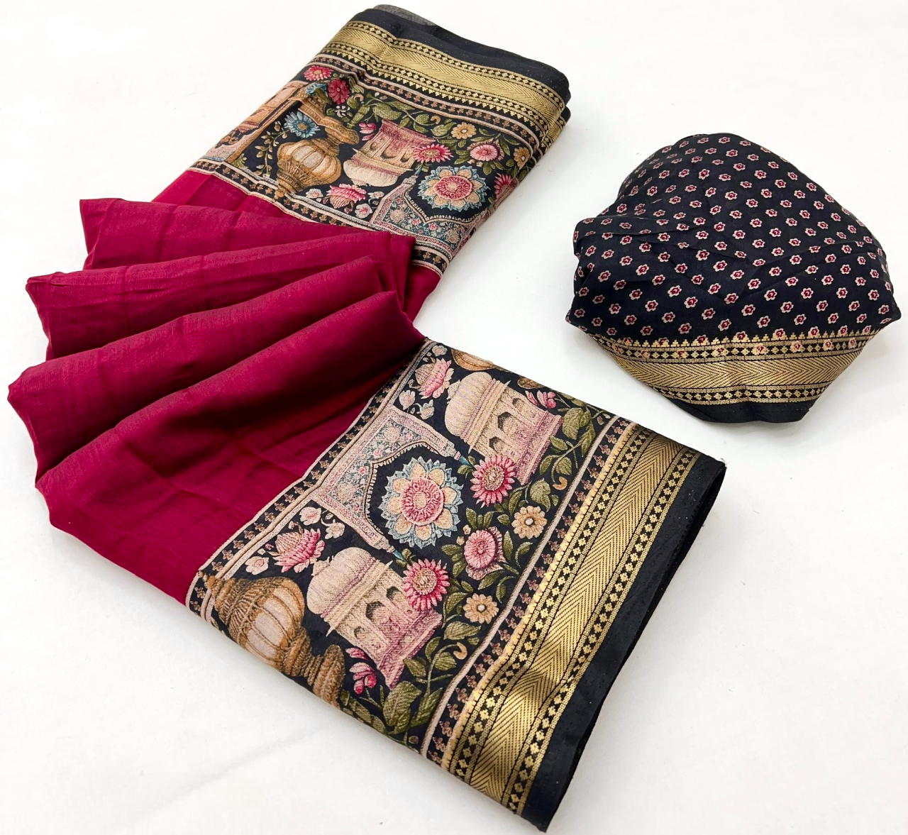 Temple Printed Soft Mul Cotton Saree with Zari Border (Pink)