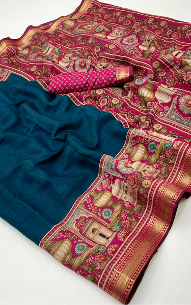 Temple Printed Soft Mul Cotton Saree with Zari Border (Teal Blue)
