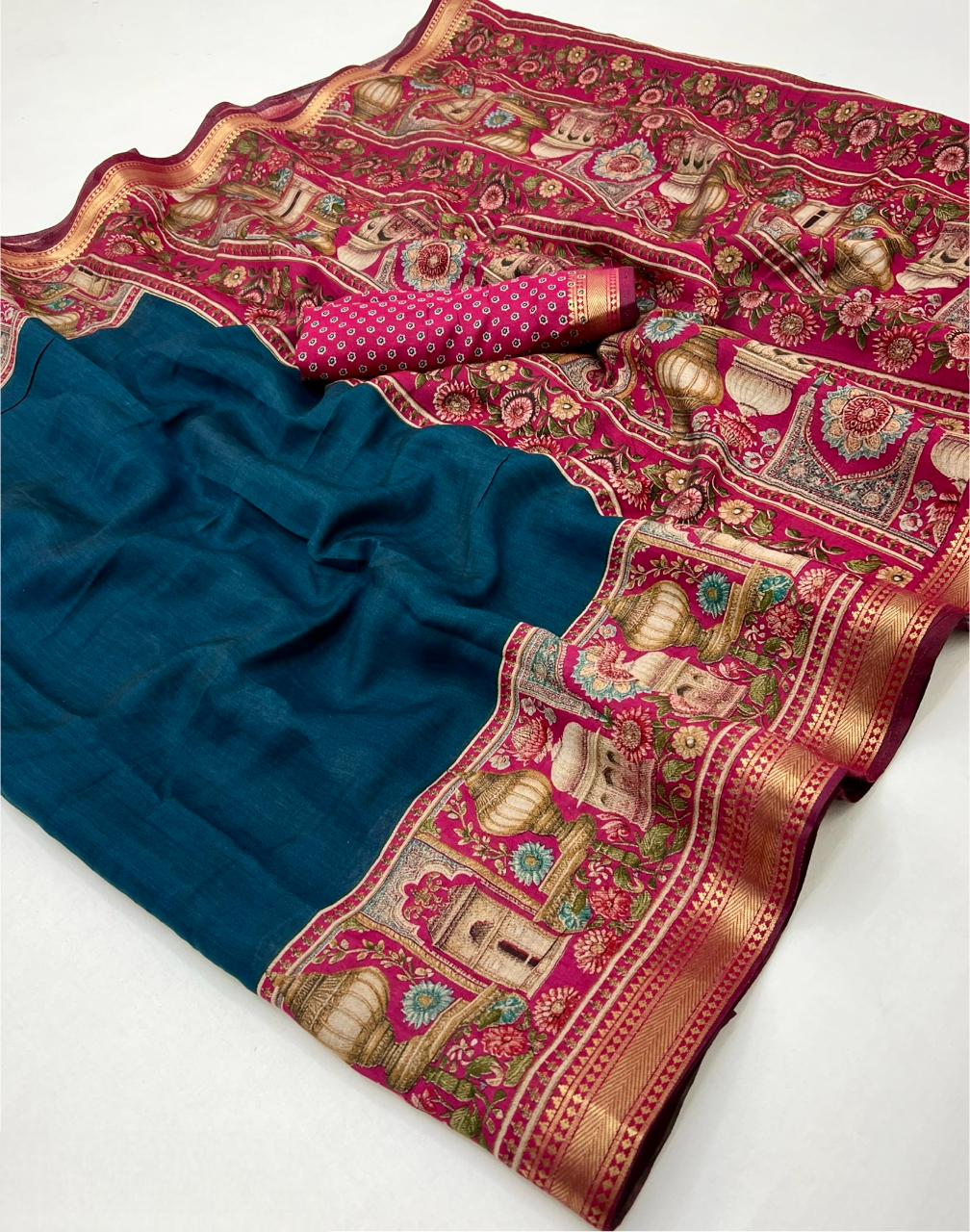 Temple Printed Soft Mul Cotton Saree with Zari Border (Teal Blue)
