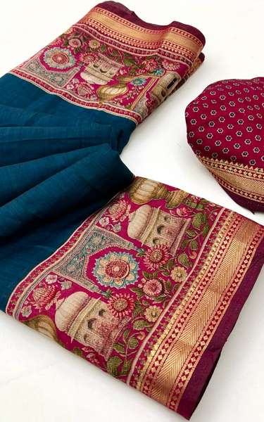 Temple Printed Soft Mul Cotton Saree with Zari Border (Teal Blue)