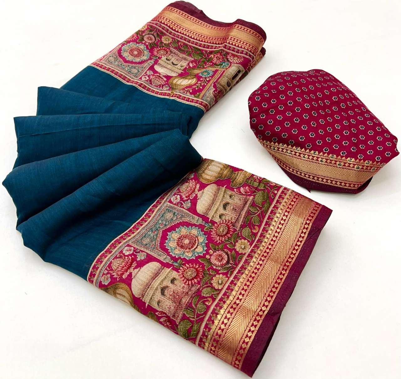 Temple Printed Soft Mul Cotton Saree with Zari Border (Teal Blue)
