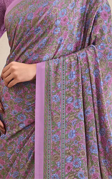 Flower Multi-Coloured Printed, Pure Italian Crape Saree (Purple)