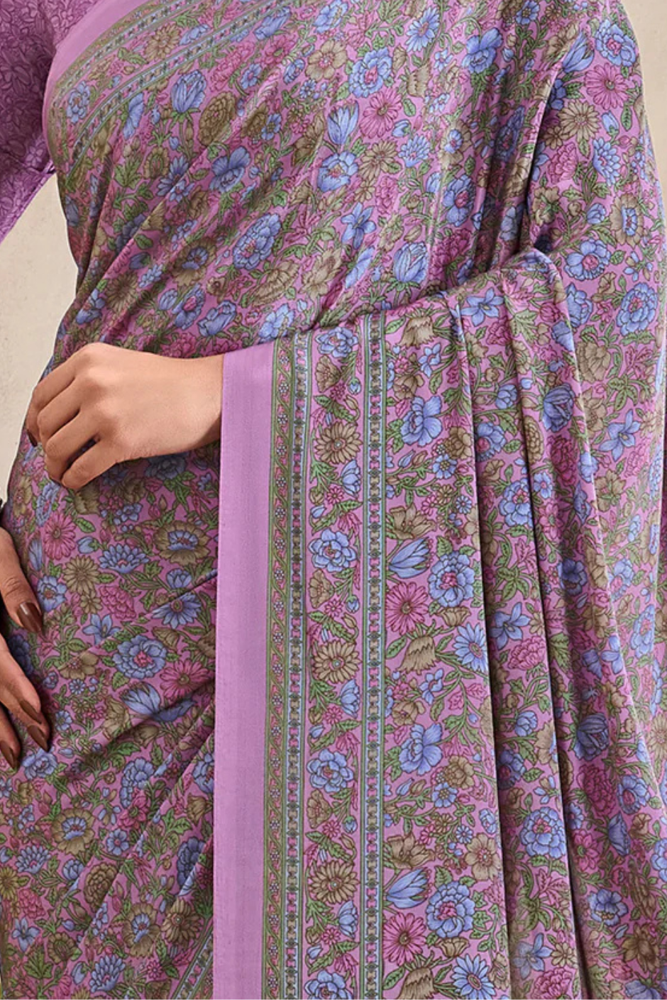 Flower Multi-Coloured Printed Pure Italian Crape Saree (Purple)