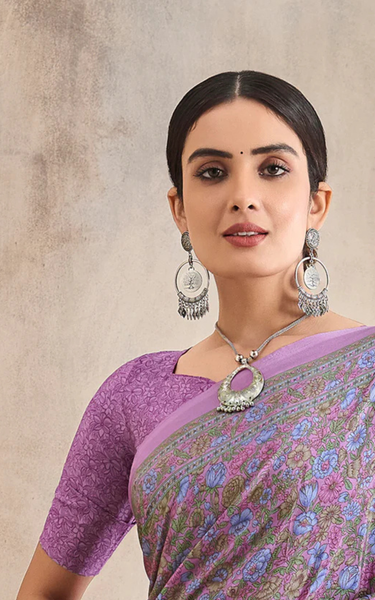Flower Multi-Coloured Printed, Pure Italian Crape Saree (Purple)
