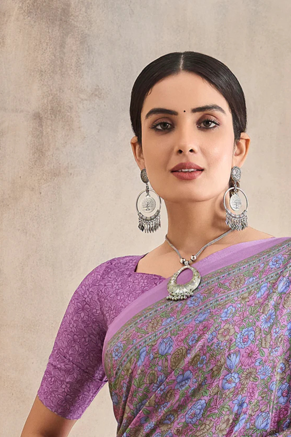 Flower Multi-Coloured Printed Pure Italian Crape Saree (Purple)