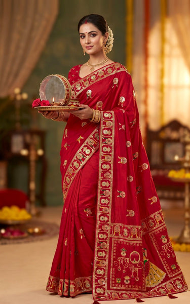 Karwa Chauth Special Red Soft Dola Silk Saree with Traditional Zari Border