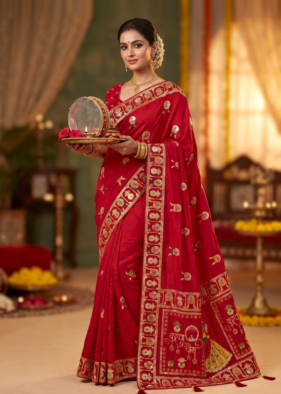 Karwa Chauth Special Red Soft Dola Silk Saree with Traditional Zari Border